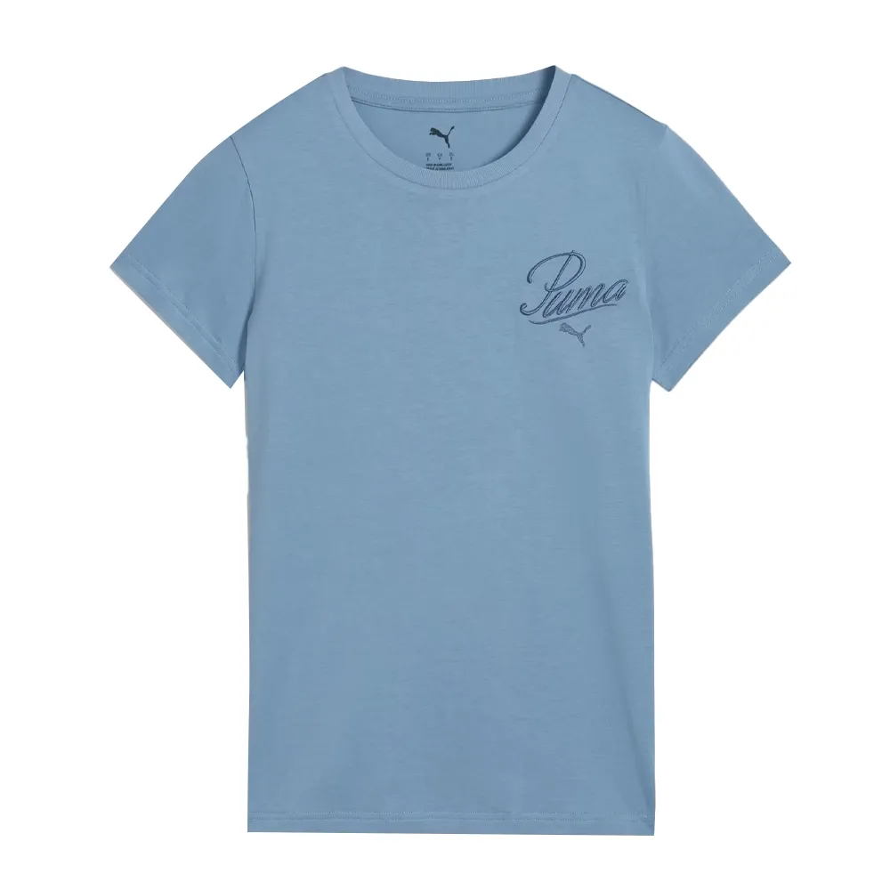 Vista traseira da blusa feminina Puma azul claro em algodão